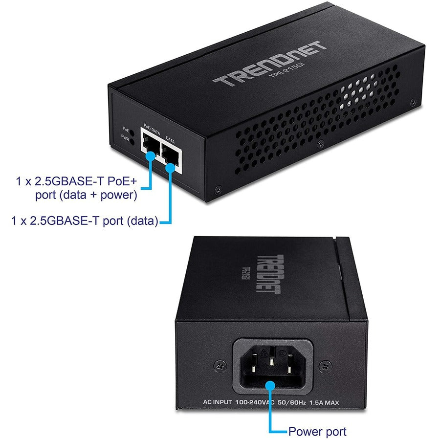 Injecteur TRENDnet 2,5G PoE+, TPE-215GI, PoE (15,4 W) ou PoE+ (30 W), convertit un port non PoE en port PoE+ 2,5 G, compatible 2,5 GBASE-T, alimentation intégrée, met en réseau un périphérique PoE jusqu'à 100 m (328 pi) TPE-215GI