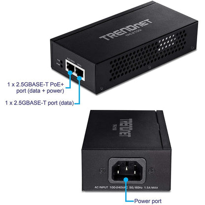 Injecteur TRENDnet 2,5G PoE+, TPE-215GI, PoE (15,4 W) ou PoE+ (30 W), convertit un port non PoE en port PoE+ 2,5 G, compatible 2,5 GBASE-T, alimentation intégrée, met en réseau un périphérique PoE jusqu'à 100 m (328 pi) TPE-215GI