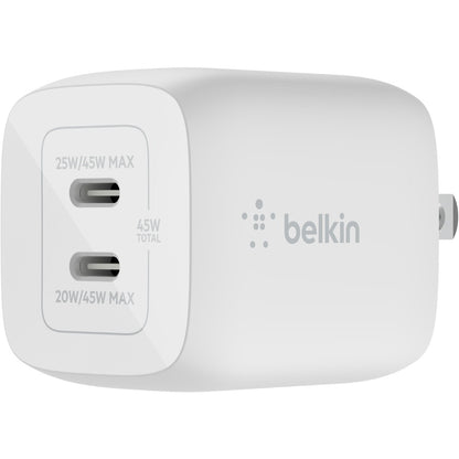 Belkin BoostCharge Pro Dual USB-C GaN Wall Charger with PPS 45W Laptop Chromebook Charging - Power Adapter WCH011DQWH