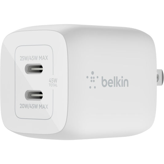 Chargeur mural Belkin BoostCharge Pro Dual USB-C GaN avec chargeur PPS 45 W pour ordinateur portable Chromebook - Adaptateur secteur WCH011DQWH