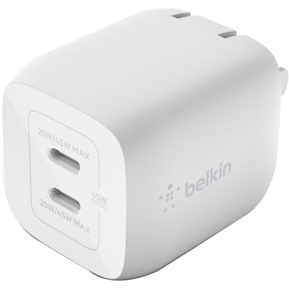 Belkin BoostCharge Pro Dual USB-C GaN Wall Charger with PPS 45W Laptop Chromebook Charging - Power Adapter WCH011DQWH