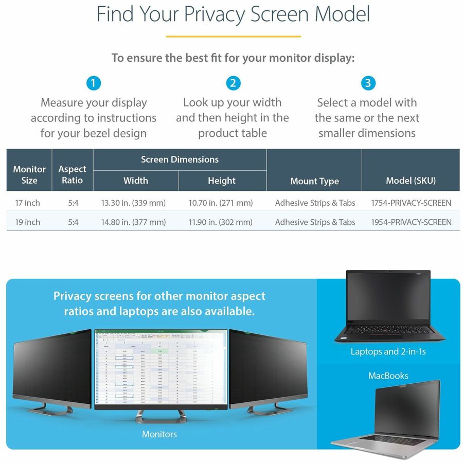 StarTech.com Filtre de confidentialité pour écran d'ordinateur 17 pouces 5:4, écran de confidentialité antireflet avec réduction de la lumière bleue de 51 %, angle de vue de +/- 30 degrés 1754-PRIVACY-SCREEN