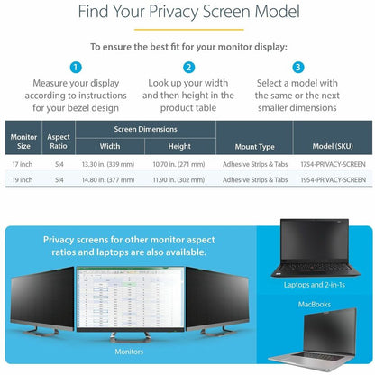 StarTech.com Filtre de confidentialité pour écran d'ordinateur 17 pouces 5:4, écran de confidentialité antireflet avec réduction de la lumière bleue de 51 %, angle de vue de +/- 30 degrés 1754-PRIVACY-SCREEN