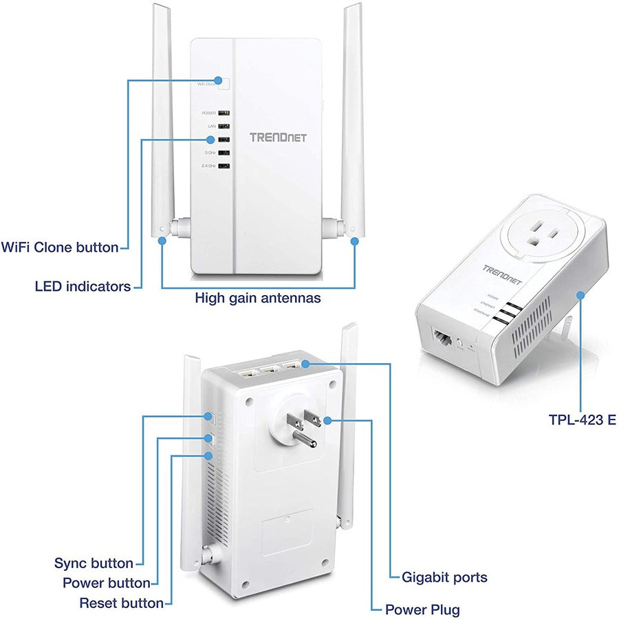 Kit de point d'accès sans fil AC1200 double bande Powerline 1200 AV2 Wi-Fi Everywhere de TRENDnet, comprend 1 x TPL-430AP et 1 x TPL-423E, 3 x ports Gigabit, installation facile, blanc, TPL-430APK TPL-430APK