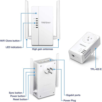 Kit de point d'accès sans fil AC1200 double bande Powerline 1200 AV2 Wi-Fi Everywhere de TRENDnet, comprend 1 x TPL-430AP et 1 x TPL-423E, 3 x ports Gigabit, installation facile, blanc, TPL-430APK TPL-430APK