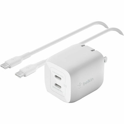Belkin 45W Portable Dual Port GaN Wall Charger - 2xUSB-C (45W Total) - w/ USB-C to USB-C Cable - Fast Charging - Power Adapter - White WCH011DQ2MWH-B6
