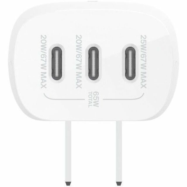 Chargeur mural portable Belkin 67 W à 3 ports USB-C - 3 x USB-C (67 W au total) - Charge rapide - Adaptateur secteur - Blanc WCC002DQWH