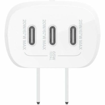 Chargeur mural portable Belkin 67 W à 3 ports USB-C - 3 x USB-C (67 W au total) - Charge rapide - Adaptateur secteur - Blanc WCC002DQWH