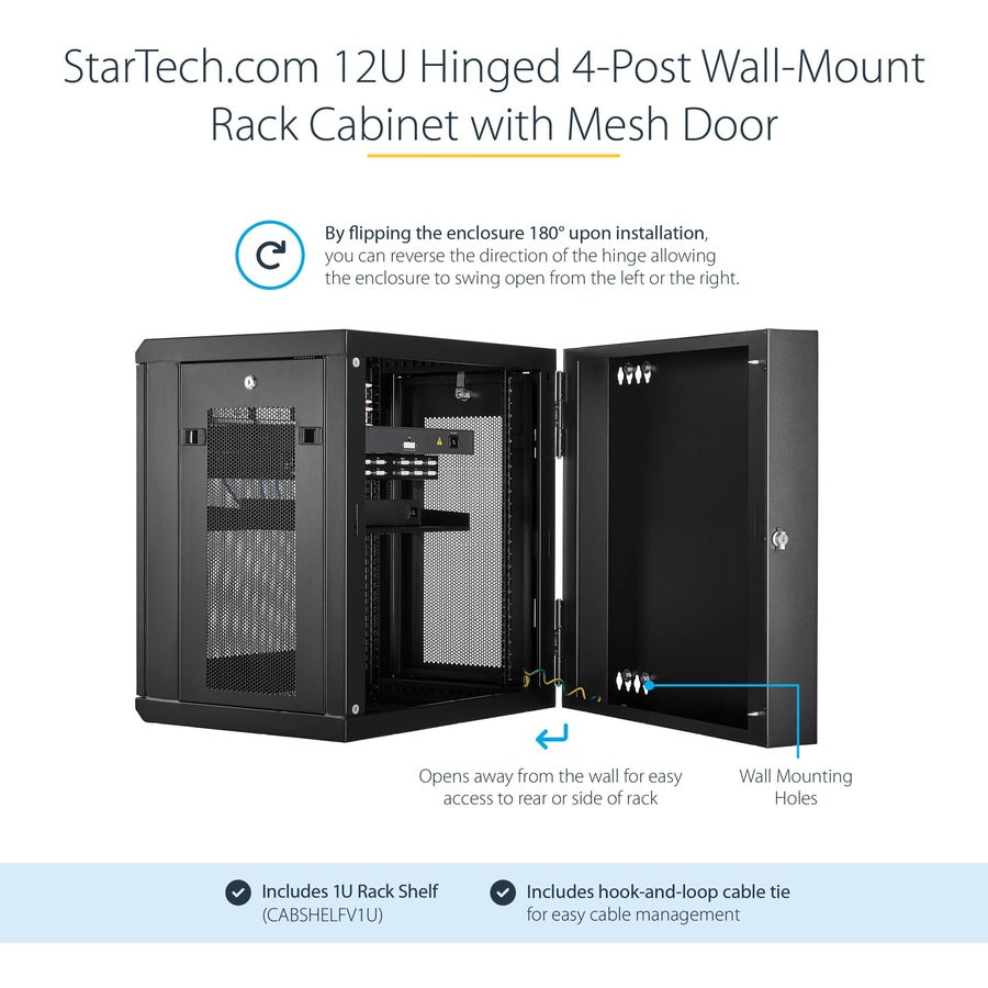 StarTech.com Armoire réseau murale 12U 19" - 16" de profondeur, verrouillable, pour rack d'équipement de données informatiques flexible, boîtier de commutation ventilé avec étagère RK12WALHM