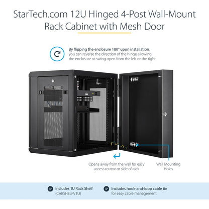 StarTech.com Armoire réseau murale 12U 19" - 16" de profondeur, verrouillable, pour rack d'équipement de données informatiques flexible, boîtier de commutation ventilé avec étagère RK12WALHM