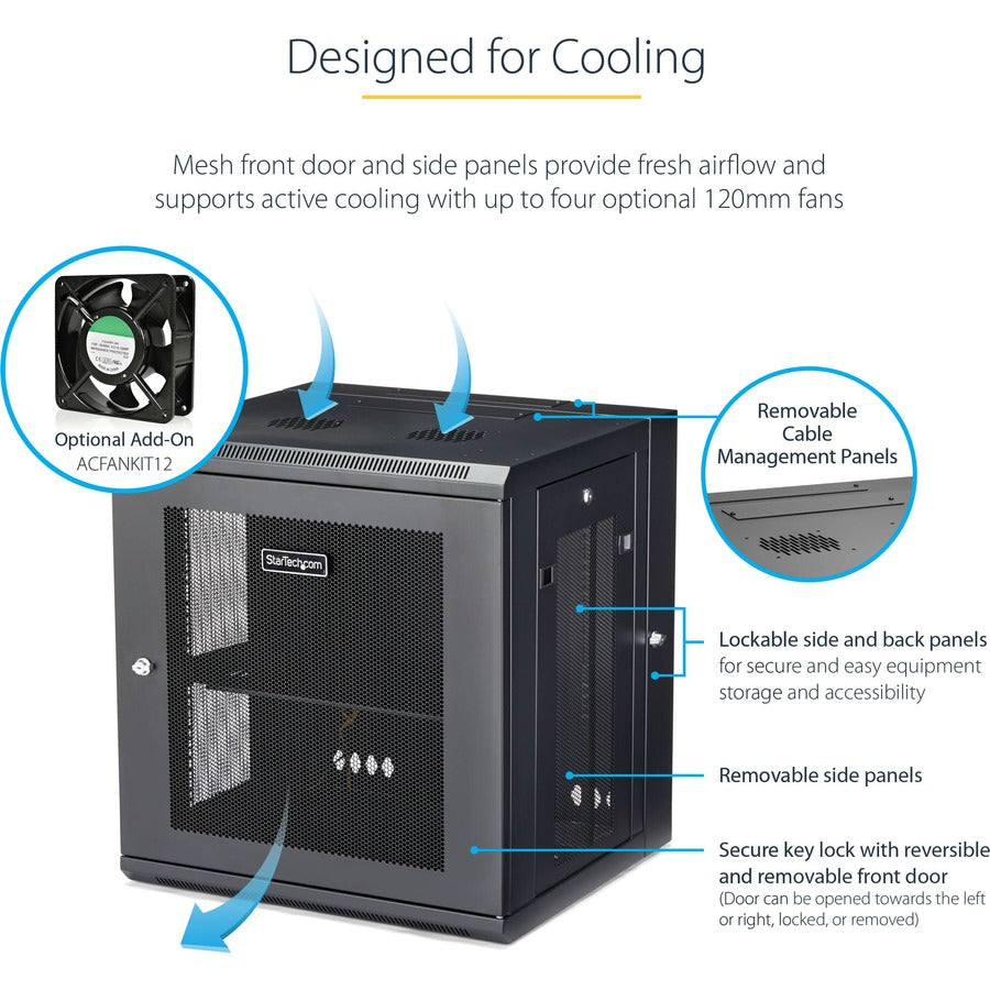 StarTech.com Armoire réseau murale 12U 19" - 16" de profondeur, verrouillable, pour rack d'équipement de données informatiques flexible, boîtier de commutation ventilé avec étagère RK12WALHM