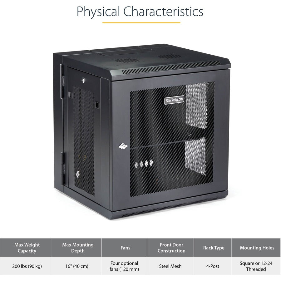 StarTech.com Armoire réseau murale 12U 19" - 16" de profondeur, verrouillable, pour rack d'équipement de données informatiques flexible, boîtier de commutation ventilé avec étagère RK12WALHM