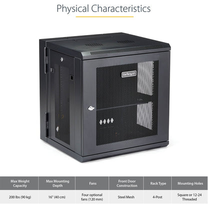 StarTech.com Armoire réseau murale 12U 19" - 16" de profondeur, verrouillable, pour rack d'équipement de données informatiques flexible, boîtier de commutation ventilé avec étagère RK12WALHM