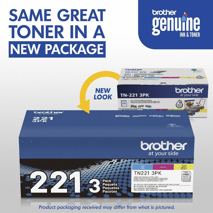 Cartouche de toner laser d'origine Brother TN221 à rendement standard - Multipack - Cyan, Magenta, Jaune - 3 / Boîte TN221 3PK