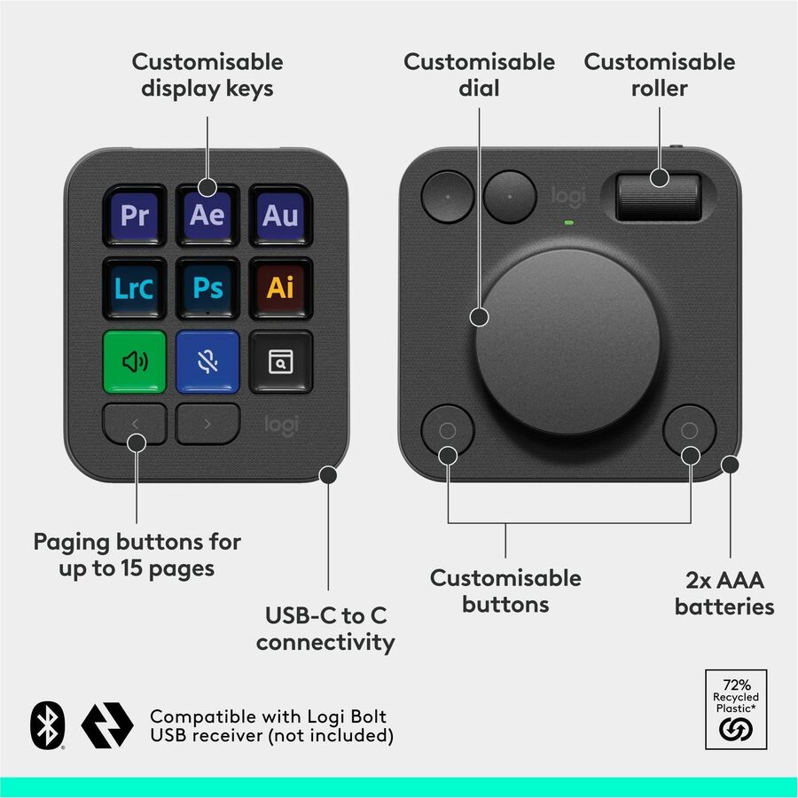 Console Logitech MX Creative, clavier programmable avec 9 touches LCD personnalisables et molette de commande pour la conception graphique, le montage vidéo, la photographie, à utiliser avec Adobe, Zoom, Spotify et plus encore (Graphite) 920-012660