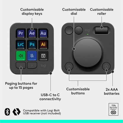 Console Logitech MX Creative, clavier programmable avec 9 touches LCD personnalisables et molette de commande pour la conception graphique, le montage vidéo, la photographie, à utiliser avec Adobe, Zoom, Spotify et plus encore (Graphite) 920-012660