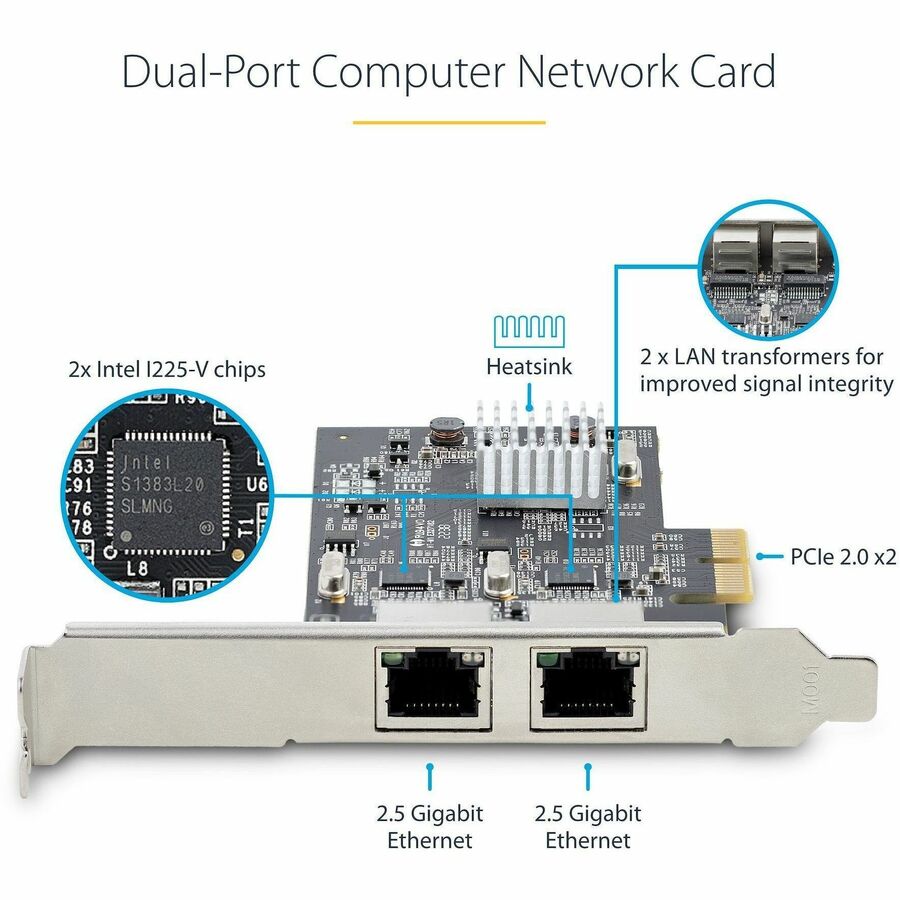 StarTech.com Carte réseau PCIe NBASE-T 2 ports 2,5 G, interface de carte réseau informatique, Intel® I225-V, Ethernet double port, carte réseau multi-Gigabit PR22GI-NETWORK-CARD