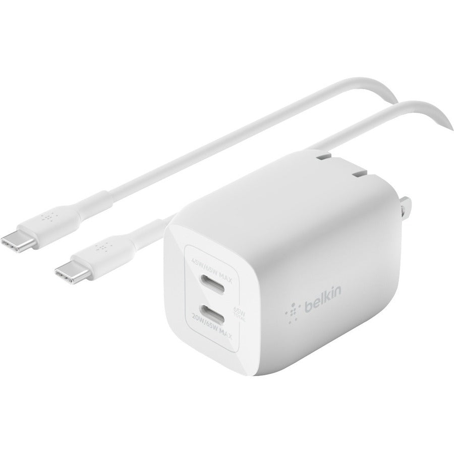 Chargeur mural portable Belkin GaN à deux ports 65 W - 2 x USB-C (65 W au total) - avec câble USB-C vers USB-C - Charge rapide - Adaptateur secteur - Blanc WCH013DQ2MWH-B6