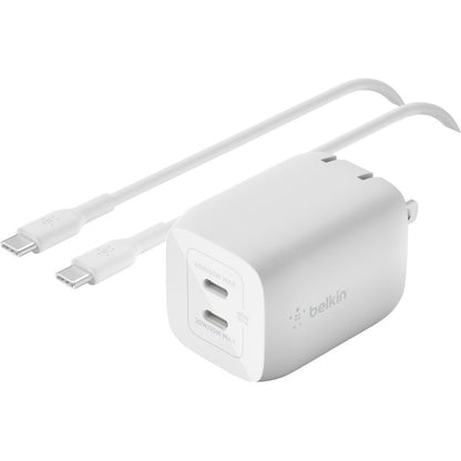 Chargeur mural portable Belkin GaN à deux ports 65 W - 2 x USB-C (65 W au total) - avec câble USB-C vers USB-C - Charge rapide - Adaptateur secteur - Blanc WCH013DQ2MWH-B6