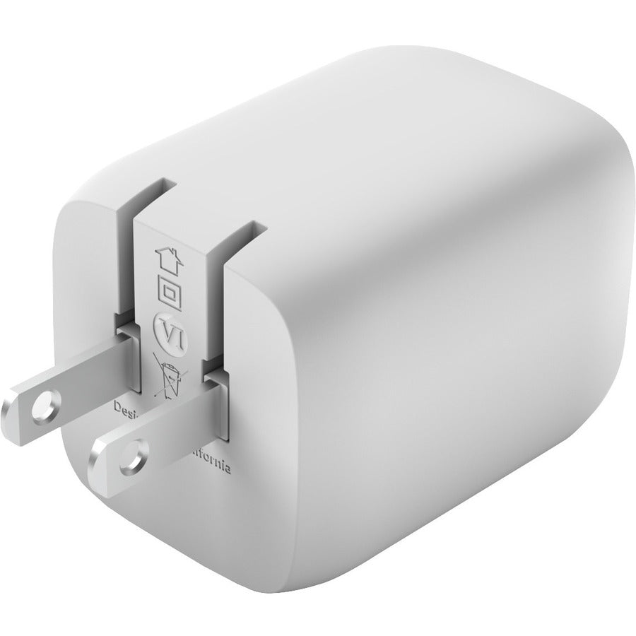 Chargeur mural portable Belkin GaN à deux ports 65 W - 2 x USB-C (65 W au total) - avec câble USB-C vers USB-C - Charge rapide - Adaptateur secteur - Blanc WCH013DQ2MWH-B6