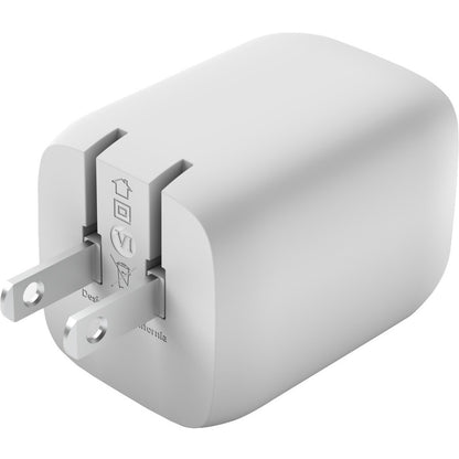 Chargeur mural portable Belkin GaN à deux ports 65 W - 2 x USB-C (65 W au total) - avec câble USB-C vers USB-C - Charge rapide - Adaptateur secteur - Blanc WCH013DQ2MWH-B6