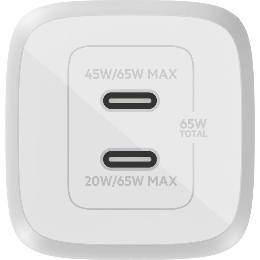 Chargeur mural portable Belkin GaN à deux ports 65 W - 2 x USB-C (65 W au total) - avec câble USB-C vers USB-C - Charge rapide - Adaptateur secteur - Blanc WCH013DQ2MWH-B6