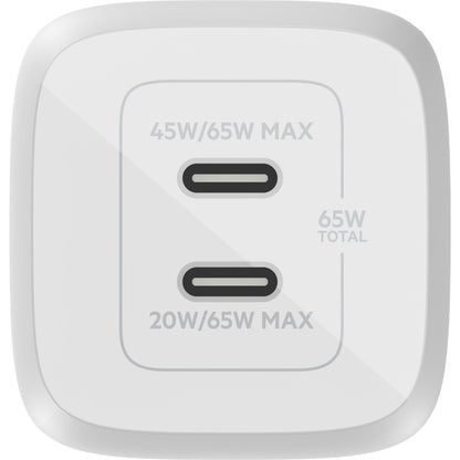 Chargeur mural portable Belkin GaN à deux ports 65 W - 2 x USB-C (65 W au total) - avec câble USB-C vers USB-C - Charge rapide - Adaptateur secteur - Blanc WCH013DQ2MWH-B6