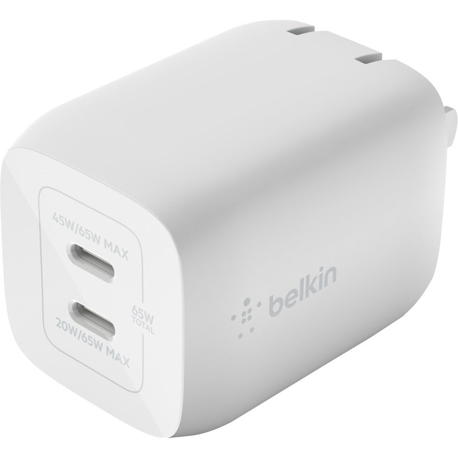Chargeur mural portable Belkin GaN à deux ports 65 W - 2 x USB-C (65 W au total) - avec câble USB-C vers USB-C - Charge rapide - Adaptateur secteur - Blanc WCH013DQ2MWH-B6
