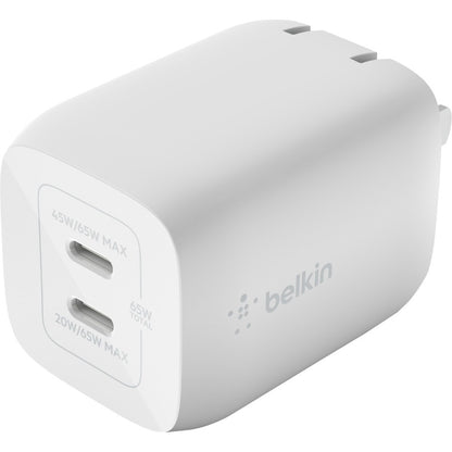 Chargeur mural portable Belkin GaN à deux ports 65 W - 2 x USB-C (65 W au total) - avec câble USB-C vers USB-C - Charge rapide - Adaptateur secteur - Blanc WCH013DQ2MWH-B6