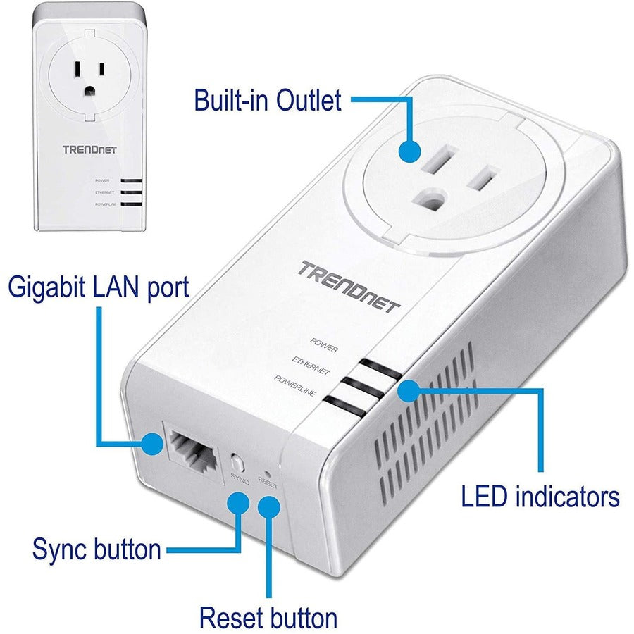 Adaptateur TRENDnet Powerline 1300 AV2 avec kit d'adaptateur de prise intégré, comprend 2 adaptateurs TPL-423E, IEEE 1905.1 et IEEE 1901, port Gigabit, portée jusqu'à 300 m (984 pi), blanc, TPL-423E2K TPL-423E2K