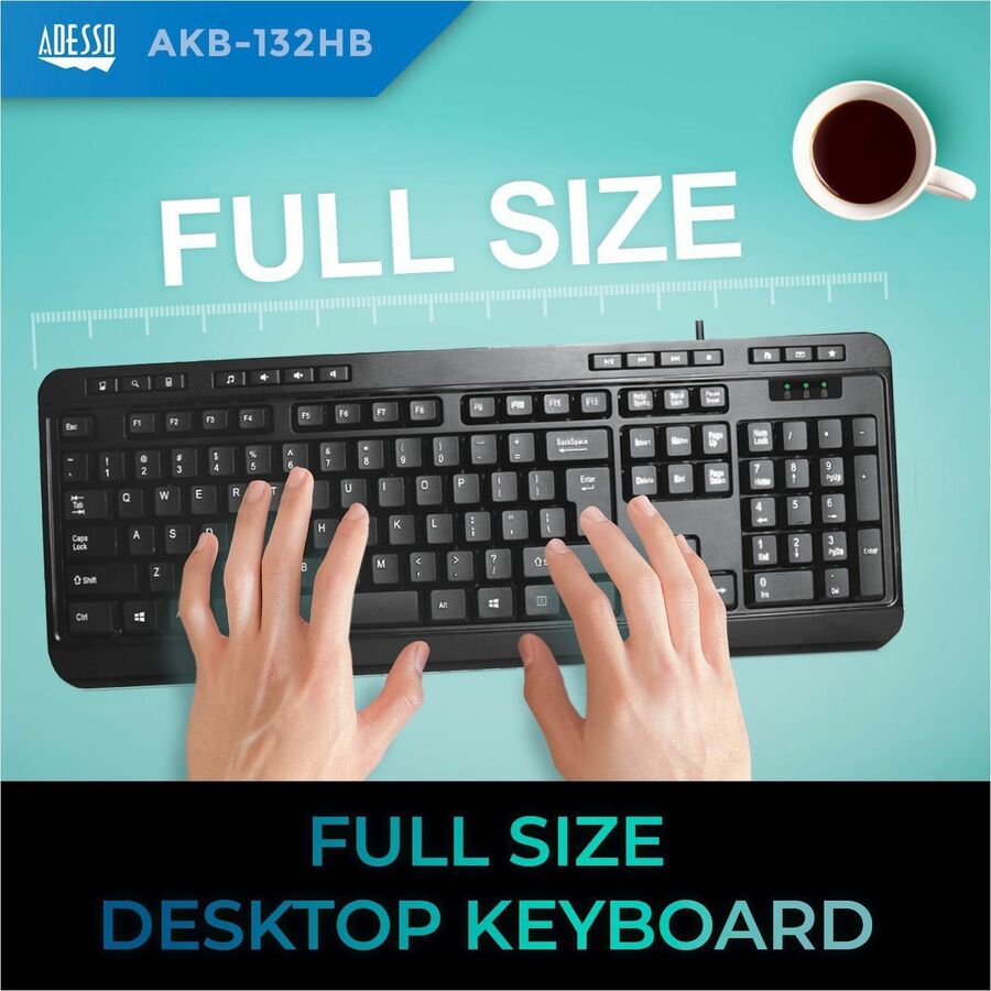 Clavier de bureau multimédia Adesso avec concentrateur USB à 3 ports AKB-132HB