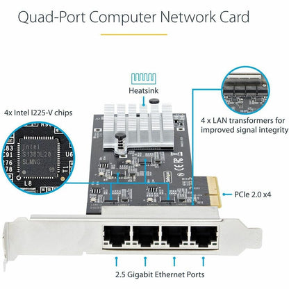 StarTech.com 4-Port 2.5G NBASE-T PCIe Network Card, Computer Network Card Interface, Intel&reg; I225-V, Quad-Port Ethernet, Multi-Gigabit NIC PR42GI-NETWORK-CARD