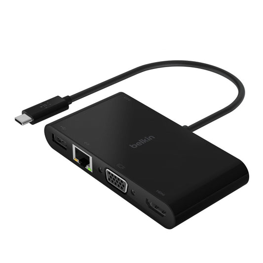 Adaptateur multiport USB-C Belkin, USB-C vers HDMI - USB A 3.0 - VGA, jusqu'à 100 W de puissance, jusqu'à une résolution 4K AVC004BK-BL