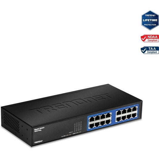 TRENDnet Commutateur de bureau en métal non géré Gigabit GREENnet à 6 ports, commutateur réseau Ethernet, 16 ports RJ-45 10-100-1000, capacité de transfert de 32 Gbit/s, protection à vie, noir, TEG-S16DG TEG-S16DG
