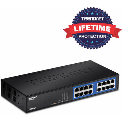 TRENDnet Commutateur de bureau en métal non géré Gigabit GREENnet à 6 ports, commutateur réseau Ethernet, 16 ports RJ-45 10-100-1000, capacité de transfert de 32 Gbit/s, protection à vie, noir, TEG-S16DG TEG-S16DG