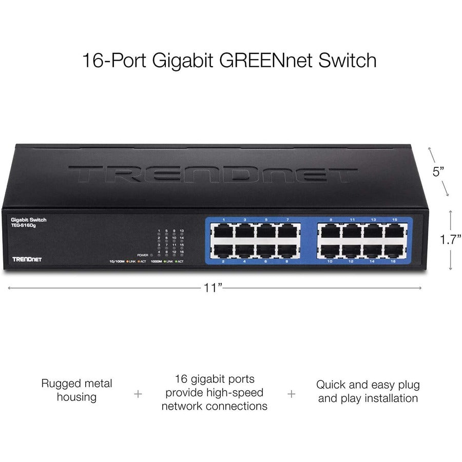 TRENDnet Commutateur de bureau en métal non géré Gigabit GREENnet à 6 ports, commutateur réseau Ethernet, 16 ports RJ-45 10-100-1000, capacité de transfert de 32 Gbit/s, protection à vie, noir, TEG-S16DG TEG-S16DG