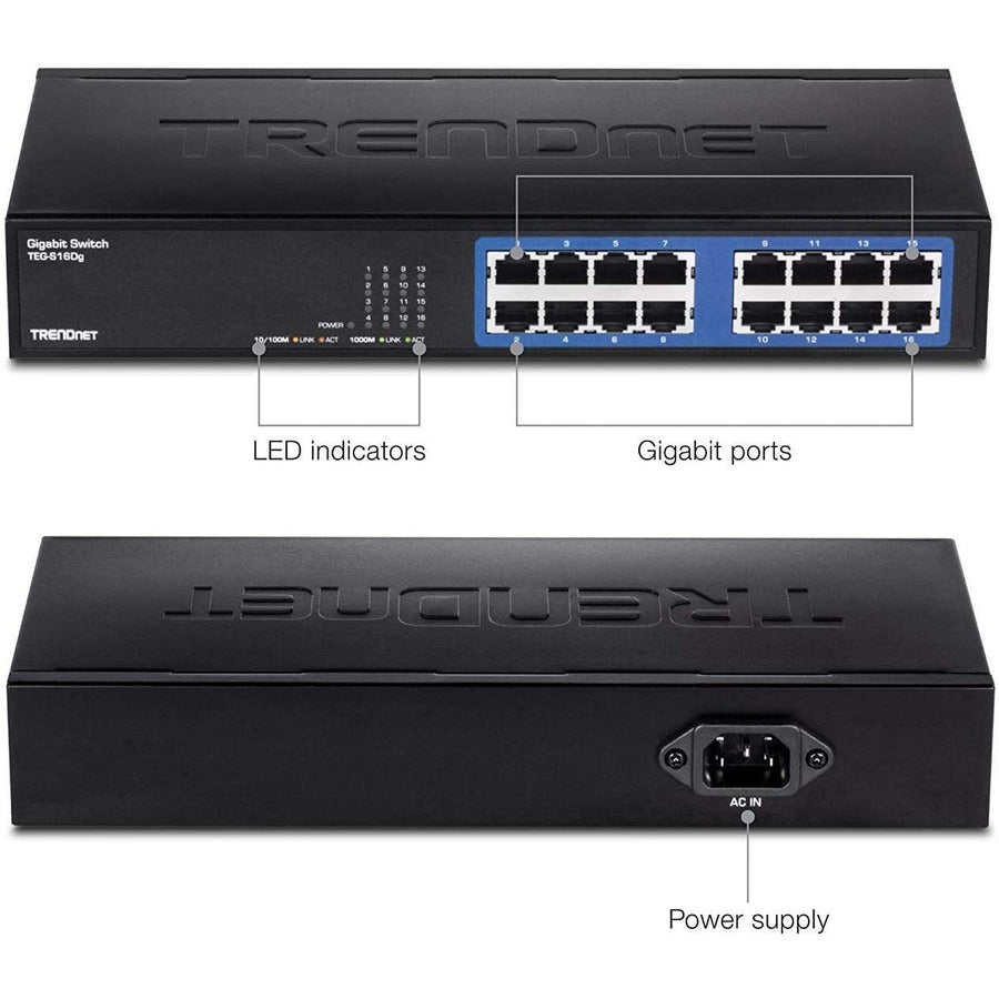 TRENDnet Commutateur de bureau en métal non géré Gigabit GREENnet à 6 ports, commutateur réseau Ethernet, 16 ports RJ-45 10-100-1000, capacité de transfert de 32 Gbit/s, protection à vie, noir, TEG-S16DG TEG-S16DG