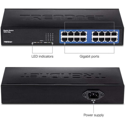 TRENDnet Commutateur de bureau en métal non géré Gigabit GREENnet à 6 ports, commutateur réseau Ethernet, 16 ports RJ-45 10-100-1000, capacité de transfert de 32 Gbit/s, protection à vie, noir, TEG-S16DG TEG-S16DG