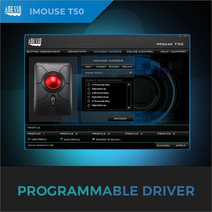 Adesso iMouse T50 - Wireless Programmable Ergonomic Trackball Mouse IMOUSE T50
