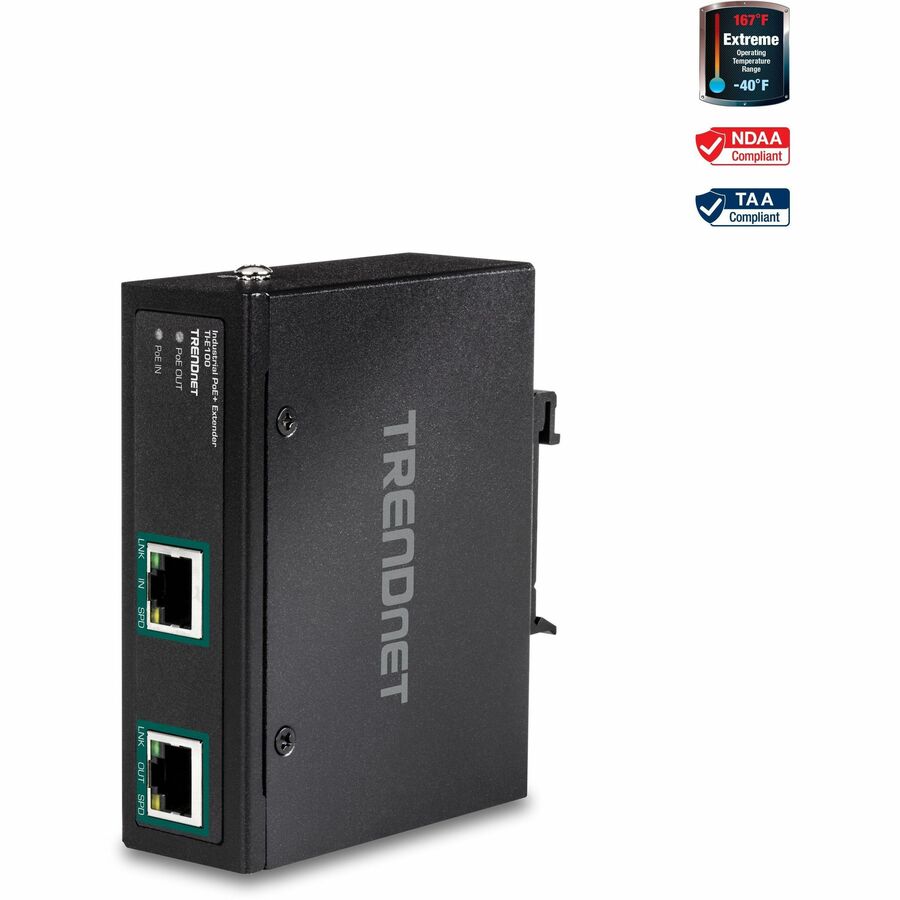 TRENDnet Extendeur PoE+ Gigabit industriel, TI-E100, PoE à port unique, Power Over Ethernet, prend en charge PoE (15,4 W) et PoE+ (30 W), s'étend sur 100 m, met en cascade 2 unités pour une distance jusqu'à 300 m (984 pi), IP30 TI-E100