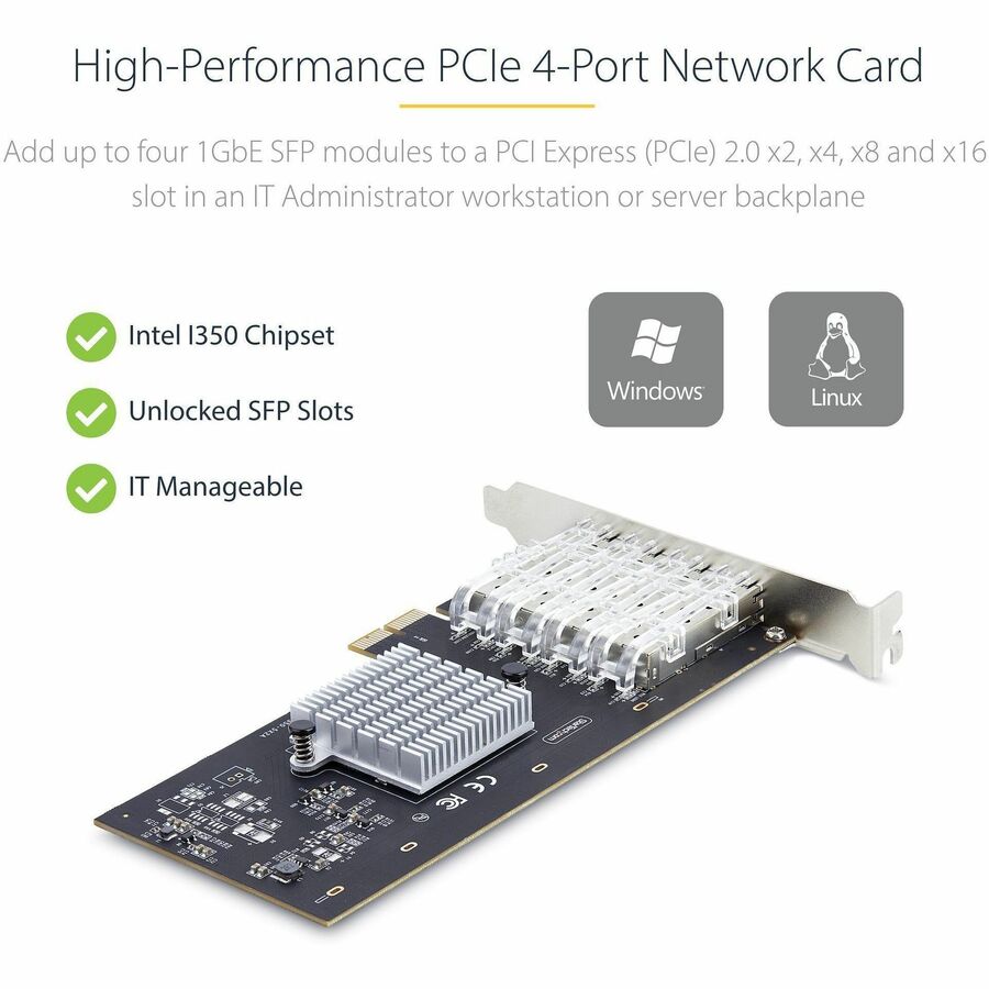 StarTech.com Carte réseau SFP GbE 4 ports, PCIe 2.0 x2 (compatible x4, x8, x16), Intel I350-AM4, cuivre/fibre optique, Gigabit Ethernet P041GI-NETWORK-CARD