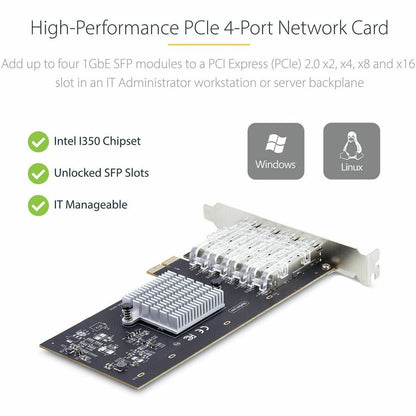 StarTech.com Carte réseau SFP GbE 4 ports, PCIe 2.0 x2 (compatible x4, x8, x16), Intel I350-AM4, cuivre/fibre optique, Gigabit Ethernet P041GI-NETWORK-CARD