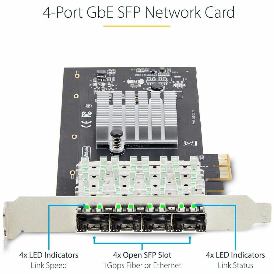 StarTech.com Carte réseau SFP GbE 4 ports, PCIe 2.0 x2 (compatible x4, x8, x16), Intel I350-AM4, cuivre/fibre optique, Gigabit Ethernet P041GI-NETWORK-CARD