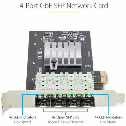 StarTech.com Carte réseau SFP GbE 4 ports, PCIe 2.0 x2 (compatible x4, x8, x16), Intel I350-AM4, cuivre/fibre optique, Gigabit Ethernet P041GI-NETWORK-CARD