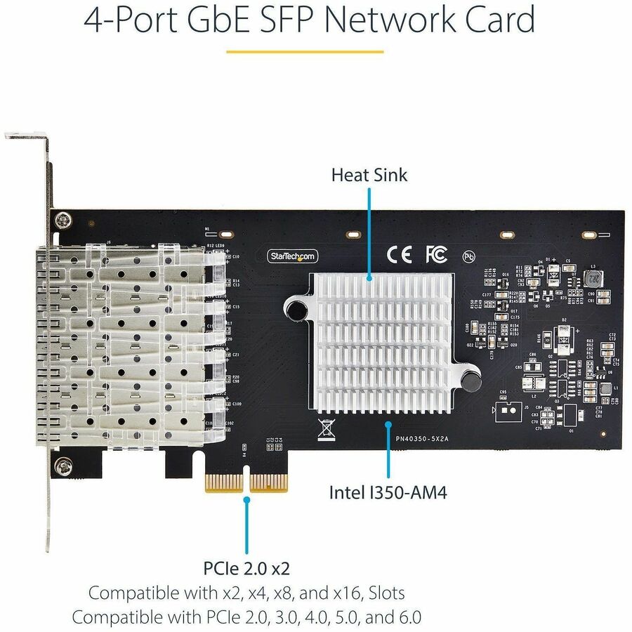 StarTech.com Carte réseau SFP GbE 4 ports, PCIe 2.0 x2 (compatible x4, x8, x16), Intel I350-AM4, cuivre/fibre optique, Gigabit Ethernet P041GI-NETWORK-CARD