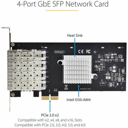 StarTech.com Carte réseau SFP GbE 4 ports, PCIe 2.0 x2 (compatible x4, x8, x16), Intel I350-AM4, cuivre/fibre optique, Gigabit Ethernet P041GI-NETWORK-CARD