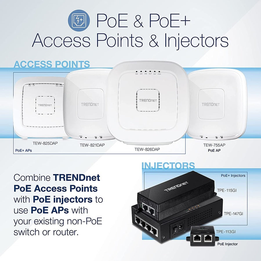 Point d'accès sans fil intérieur PoE+ tri-bande AC2200 TRENDnet, bandes WiFi AC 867 Mbps + WiFi N 400 Mbps, Wave 2 MUMIMO, pont client, WDS, AP, pont WDS, station WDS, modes répéteur, blanc, TEW-826DAP TEW-826DAP