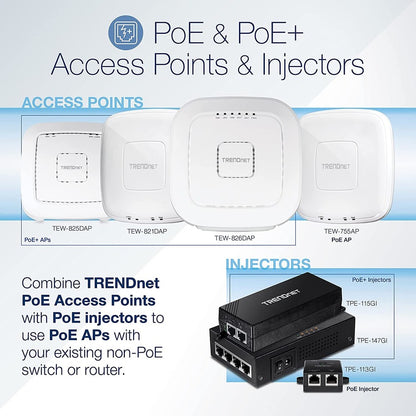 Point d'accès sans fil intérieur PoE+ tri-bande AC2200 TRENDnet, bandes WiFi AC 867 Mbps + WiFi N 400 Mbps, Wave 2 MUMIMO, pont client, WDS, AP, pont WDS, station WDS, modes répéteur, blanc, TEW-826DAP TEW-826DAP