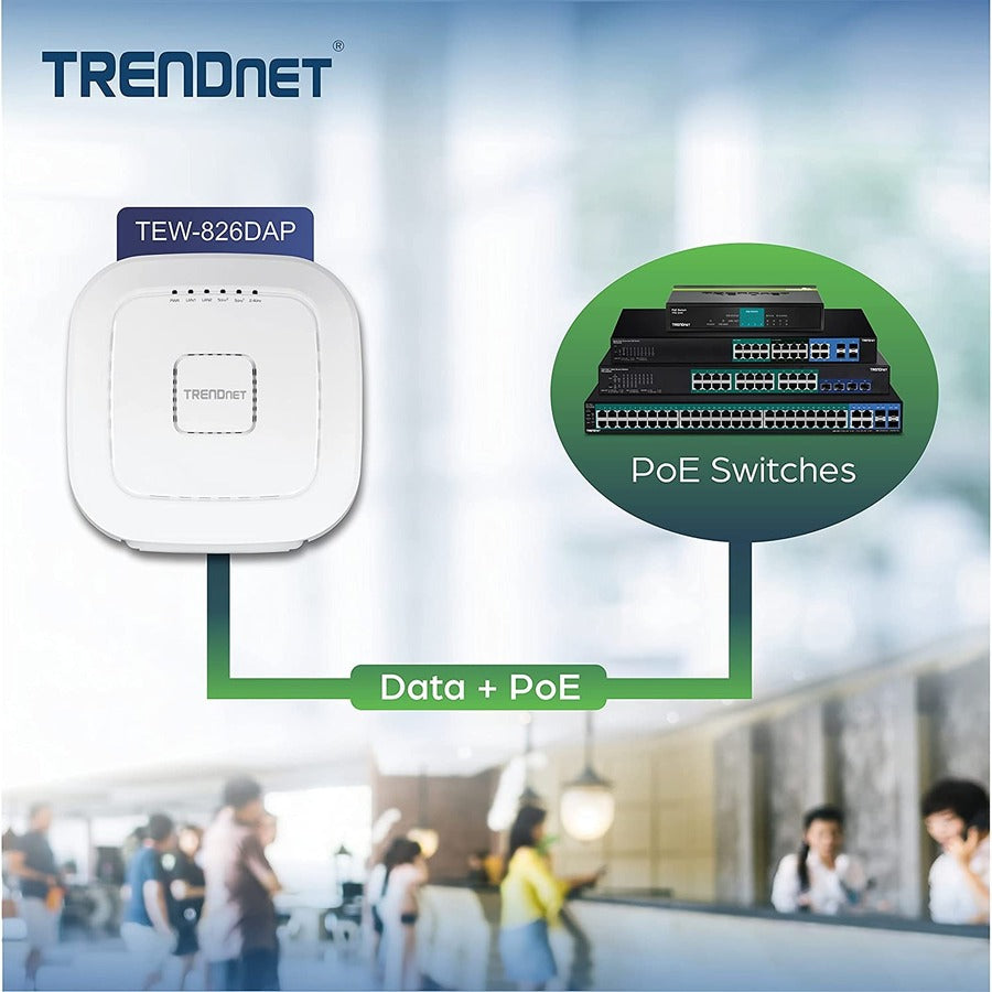 Point d'accès sans fil intérieur PoE+ tri-bande AC2200 TRENDnet, bandes WiFi AC 867 Mbps + WiFi N 400 Mbps, Wave 2 MUMIMO, pont client, WDS, AP, pont WDS, station WDS, modes répéteur, blanc, TEW-826DAP TEW-826DAP