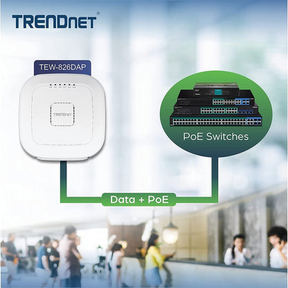 Point d'accès sans fil intérieur PoE+ tri-bande AC2200 TRENDnet, bandes WiFi AC 867 Mbps + WiFi N 400 Mbps, Wave 2 MUMIMO, pont client, WDS, AP, pont WDS, station WDS, modes répéteur, blanc, TEW-826DAP TEW-826DAP
